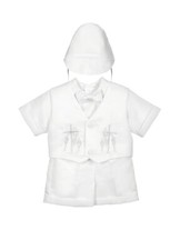 BABY BOYS WHITE CHRISTENING BAPTISM SUIT SET SHORT SLEEVE BOW TIE HAT - TCG