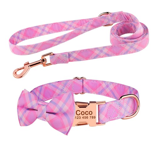 Personalized Dog Collar or Leash Set Boy Bow Name Tag Engraved Medium Large - Picture 9 of 17