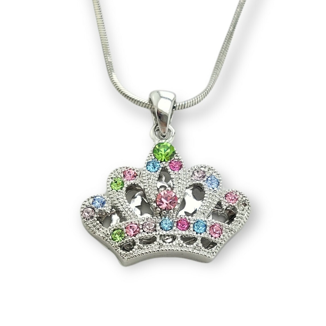 Crown Necklace with Swarovski Crystal King Queen Pendant on 18 Inch Chain