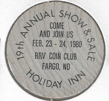 1980, RRV Coin Club 19th Annual Show, Fargo, North Dakota, Token, Wooden Nickel