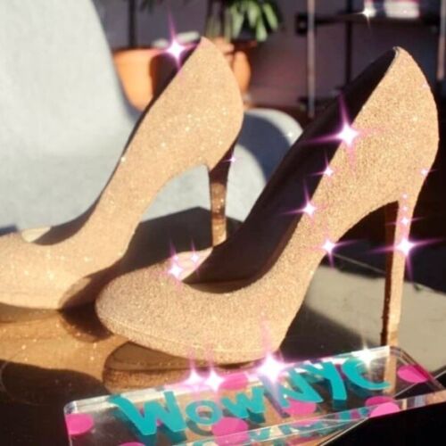 Brian Atwood Leather 7 Beige Nude Heels Slip On Pump Stiletto Sparkle Heel $800 - Picture 3 of 7