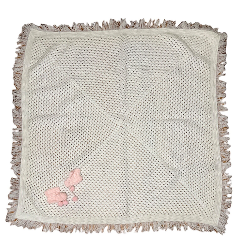 Baby Blanket Afghan Hand Crocheted Snow White 39" Square Fringed + Booties GIFT