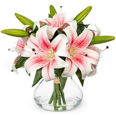 Artificial Flowers Tiger Lily Real Touch with Vase Pink Lilies Silk Faux Flow...