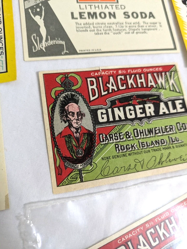 Lote de 10 etiquetas vintage SODA POP etiqueta 7up Calgary Pioneer Black Kow Ginger Ale Foto 2 de 4
