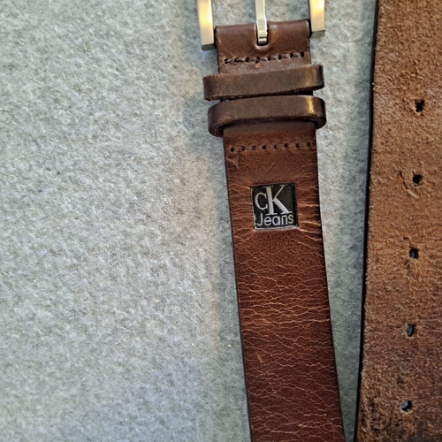 Calvin Klein Belt Men XL Brown Leather Buckle Rockabilly Heritage Grandpa Y2K - Picture 2 of 8