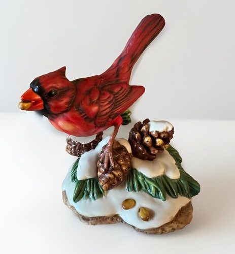 Classic Treasures Porcelain Red Cardinal Bird Figurine Winter Snow Pine Cone 5"