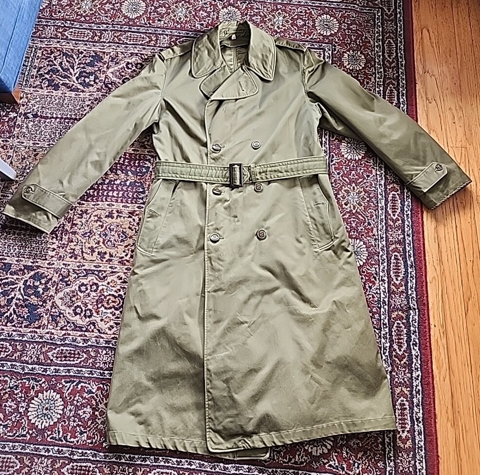 Vintage 50s US Army Military Trench Coat Wool Removable Liner Long