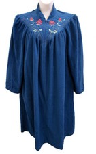 Vintage Vanity Fair Blue Floral Embroidered Fleece Robe Womens Size S House Coat