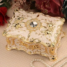 ♫  BEAUTY AND THE BEAST ♫ SANKYO RECTANGLE WHITE GOLD TIN ALLOY MUSIC BOX