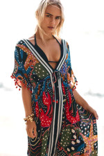 Farm Rio CoverUp Dress Lobster Tassels Pom Caftan Kimono Anthropologie Sz S NEW