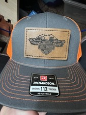 Made in USA Leather Patch Trucker Hat Harley Davidson