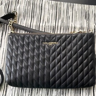 Karl Lagerfeld Black Quilted Zip Crossbody Bag Chain Strap Gold Hardware