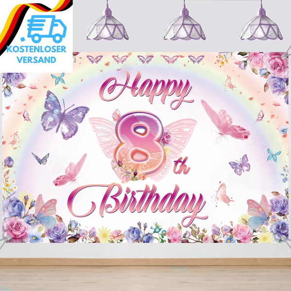 Schmetterling Deko 8 Geburtstag MäDchen Banner - 8. Geburtstagsdeko Happy Birthd-image