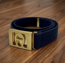Vintage Etienne Aigner Navy Blue Canvas Belt-Gold Horseshoe Buckle Logo-C145
