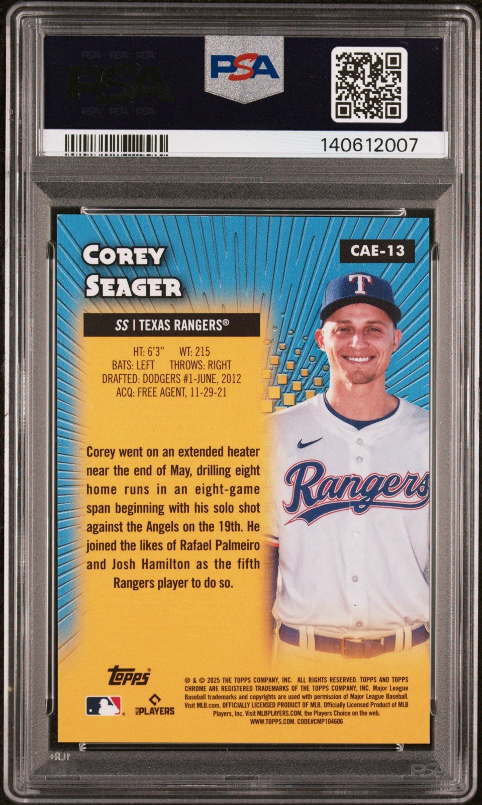 Topps Chrome Logofractor 2025 Corey Seager ROSE GOLD REFRACTOR Etch #1/1 PSA 9 view 2