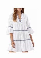 Boho Tommy Bahama White Jacquard Cotton Split neck Long Sleeve Tiered Dress L