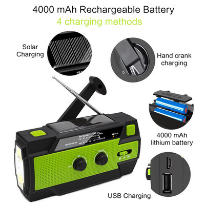 Portable Emergency Radio 4000mAh Solar & Hand Crank FM/AM/NOAA LED Flashlight SO