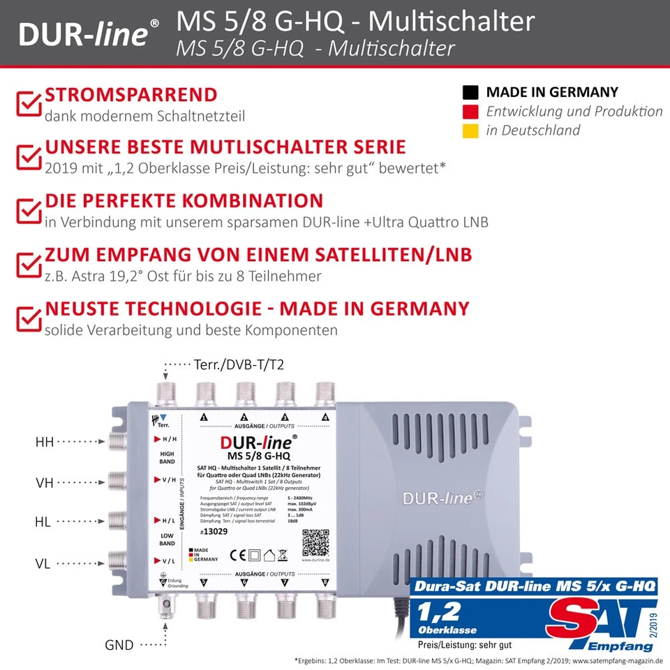 DUR-line MS 5/8 G-HQ Multischalter - 1 Sat/8 Teilnehmer, stromspar Netzteil - Bild 2 von 4
