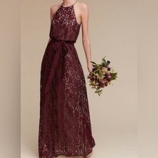 BHLDN Anthropologie Donna Morgan Sz 0 Alana Maroon Lace Overlay Maxi Dress $260