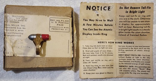 1947 Lone Ranger Atomic Bomb Ring Kix Cereal Premium Original Box & Instructions