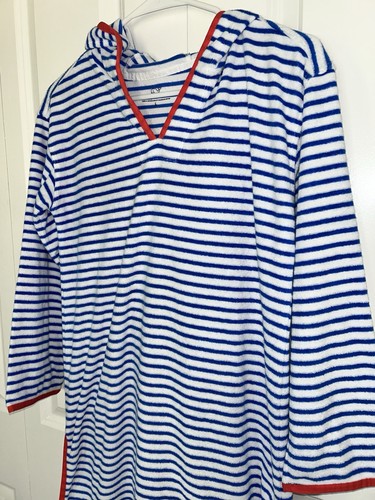 Vineyard Vines Girls Swim Cover Up Terry Cloth Blue White Stripes Hooded Size 14 - Picture 2 of 5