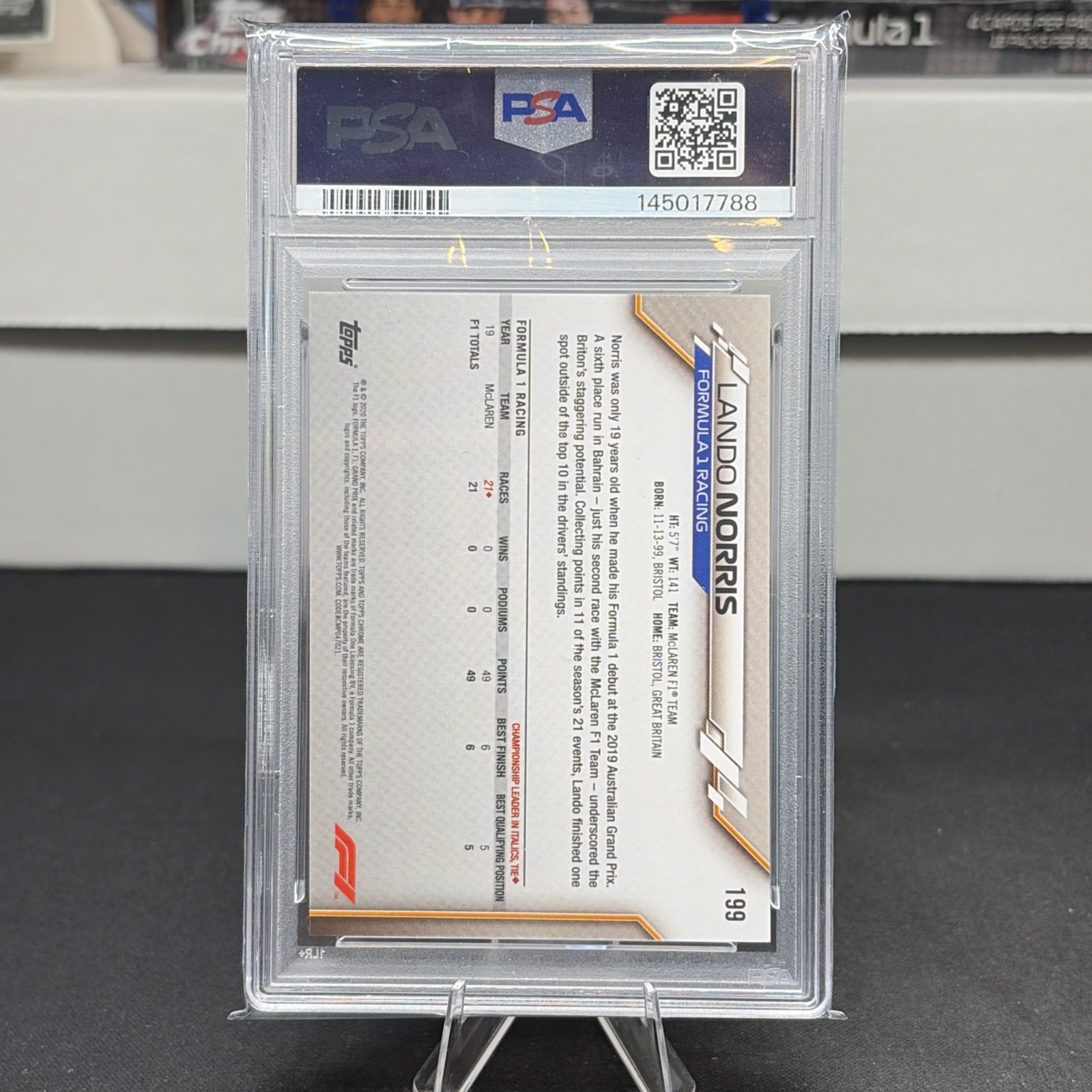 2020 Topps Chrome Sapphire Formula 1 F1 Freshest Lando Norris #199 Rookie PSA 10 view 2