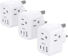 US to UK Plug Adapter 3 Pack, Addtam Type G Travel with 3 Outlets White