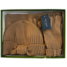 NWT 88.00 KATE SPADE RIB SCARF, HAT GLOVE GIFT SET LIGHT TOBACCO COLOR