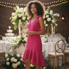 Lulus Want You to Want Me Bold Pink Fit & Flare Ruffle Midi Dress NWT, Medium