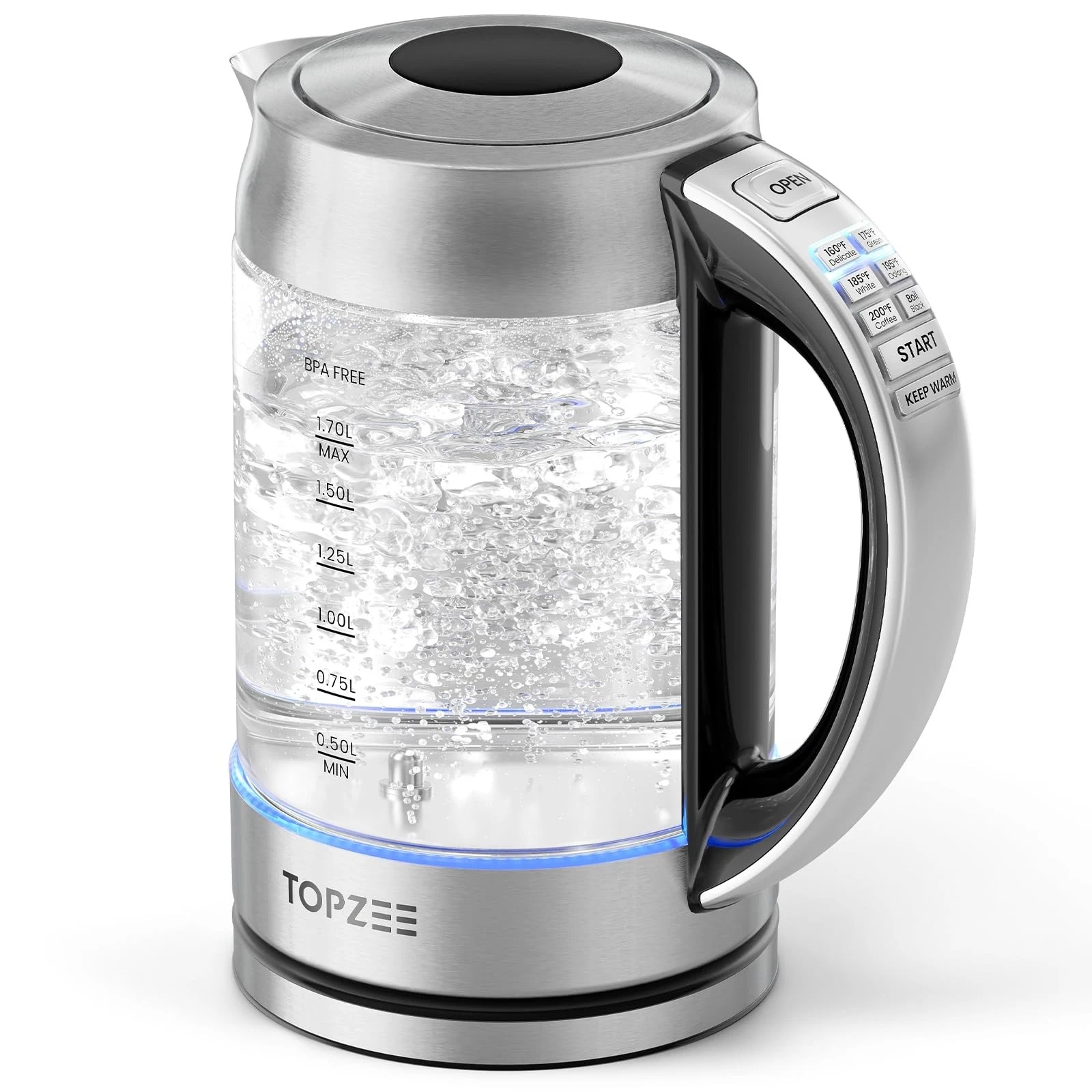 1.7L Glass Electric Kettle for Coffee & Tea, Hot Water Boiler with 6 Preset T...