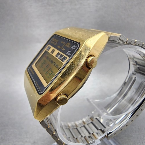 Seiko Orologio Digitale Uomo 34mm Tono Oro Cronografo Daydate A128-5009 Batteria Nuova - Foto 3 di 11