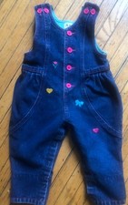 ADORABLE VTG BLUE Denim Overalls Embroidered Accents Pink Buttons SZ 6-9 MOS