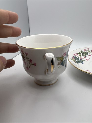Vintage Queen Anne Bone China Tea Cup and Saucer Pink Floral Green & Blue Stems - Picture 7 of 9
