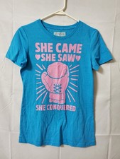 Look Human Shirt Women's Medium Blue She Came She Saw She Conquered Short Sleeve