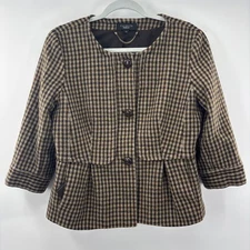 Talbots Wool Collarless Blazer Jacket Womens Size 14 Brown Plaid Classic Preppy