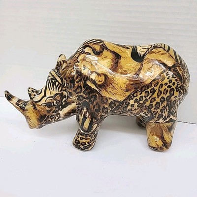 La Vie Collage Safari Rhinoceros Figurine Glazed Ceramic Patchwork