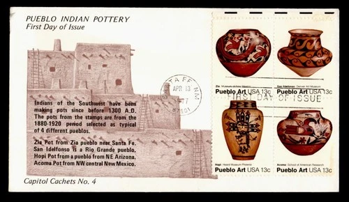 DR WHO 1977 FDC INDIAN PUEBLO ART POTTERY BLOCK CAPITOL CACHET M75637