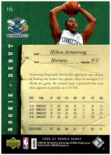 Hilton Armstrong 2006-07 Upper Deck debut de novato #115 - RC ¡Envío gratuito! - Imagen 2 de 2