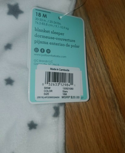 New~ JUST BORN - Long-Sleeve Sleeper Pajamas w/ Feet Boy * Grey Stars 18 months - Picture 4 of 4
