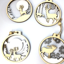 Christmas Hanging Cutout Wooden Round Ornaments Winter Scene Deer Set of 4 No 2
