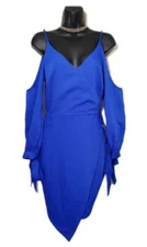 NWT ADELYN RAE Women's Size XS Cold Shoulder Faux Wrap Tulip Hem Mini Dress Blue