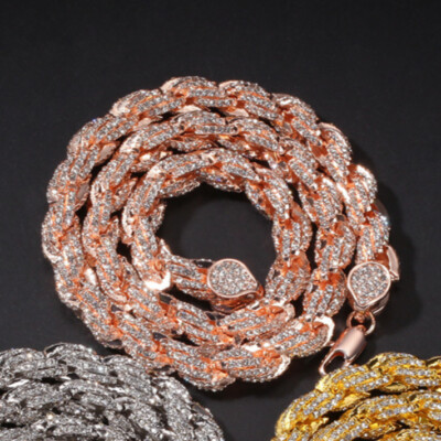9mm Hip Hop Iced CZ Out Rope Chain Necklace For Men Women Rose Gold Gold Plated