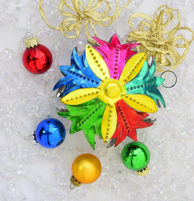 Pressed Tin Colorful  Christmas Ornament + Four Glass Ornaments