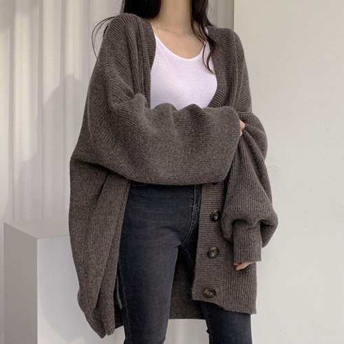Women Loose V Neck Single Breasted Long Lantern Sleeves Knitted Sweater Cardigan