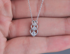  2250 14K White Gold .20ct Round Diamond Triple Heart Pendant 18" Chain Necklace