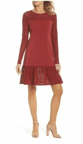New 110 Michael Kors Pointelle Trim Flounce Maroon Dress Long Sleeve Sz Petite
