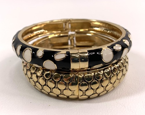 2 Braccialetti Cerniera Nero/Crema Smalto Tono Oro Texturizzato Gioielli Moda - Foto 4 di 5