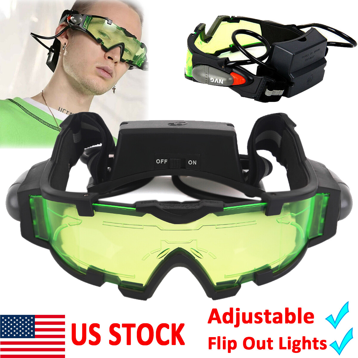 Adjustable LED Night Vision Goggles Eyeshield Glasses w/Flip Out Lights