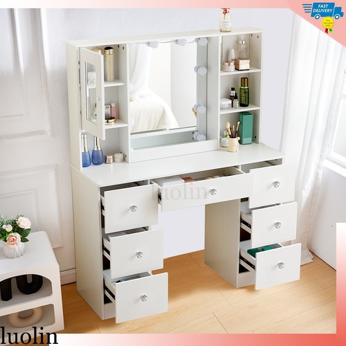 Vanity Makeup Dressing Table Set +7 Drawer+Mirror+10 LED Lights + Glass Cabinet - Picture 6 of 11