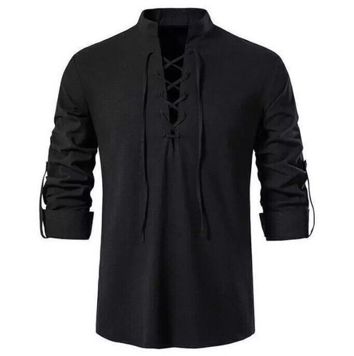 Mens Medieval Lace Up T Shirt Gothic Renaissance Pirate Cosplay Costume Retro - Picture 5 of 18